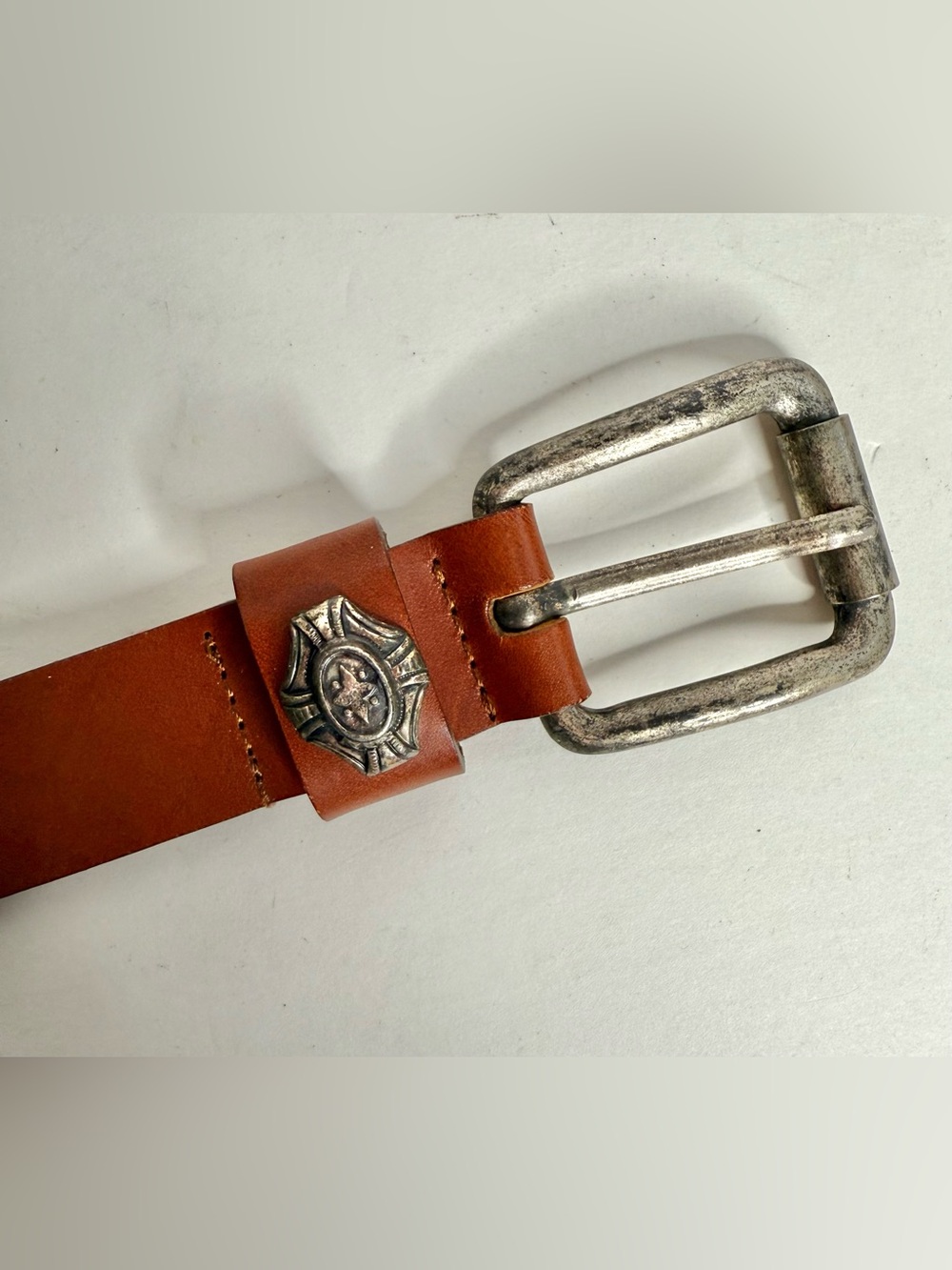 1980s Vintage NEIMAN MARCUS Brown Leather Pewter Cowgirl Conch Belt Size Large - Picture 14 of 16
